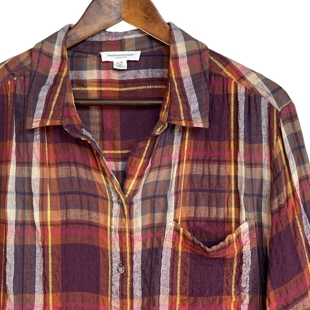 Beachlunchlounge Womens XL Plaid Seersucker Button Down Shirt Burgundy LCTS013 - Picture 6 of 10